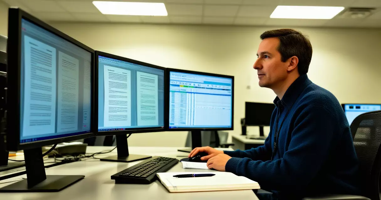 Esports reporter working at a newsroom desk with multiple monitors displaying data