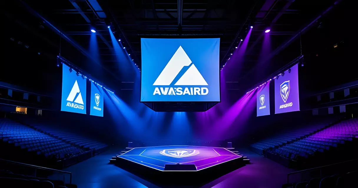 Esports arena stage with brand banners and sponsor signage