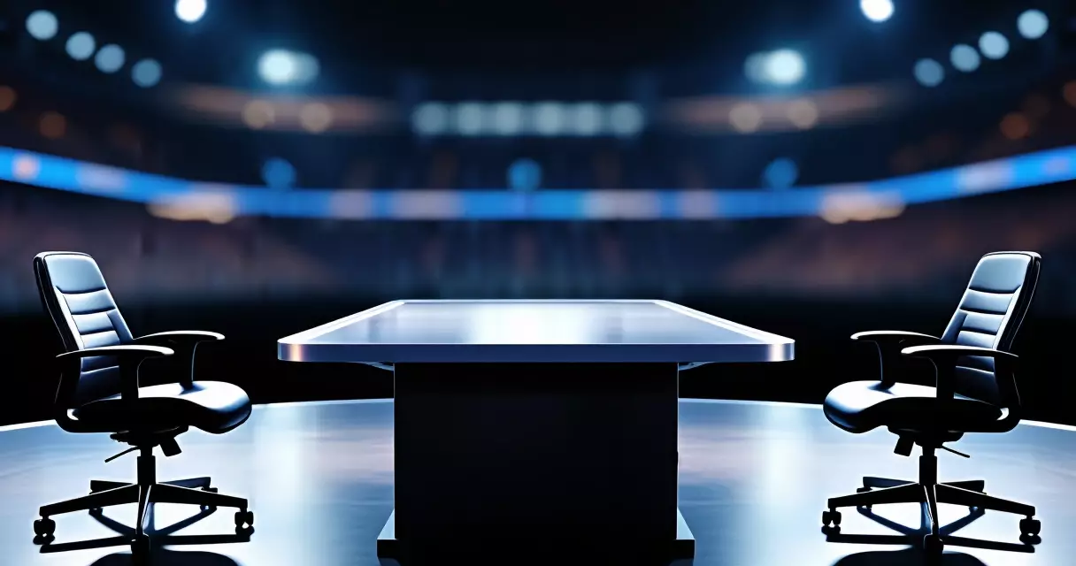 Professional esports broadcast desk in a modern arena with studio lighting