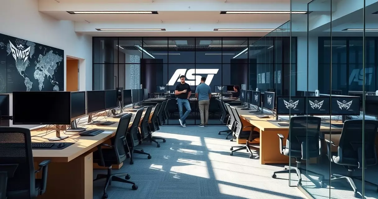 Open-plan esports organization headquarters with desks and meeting rooms