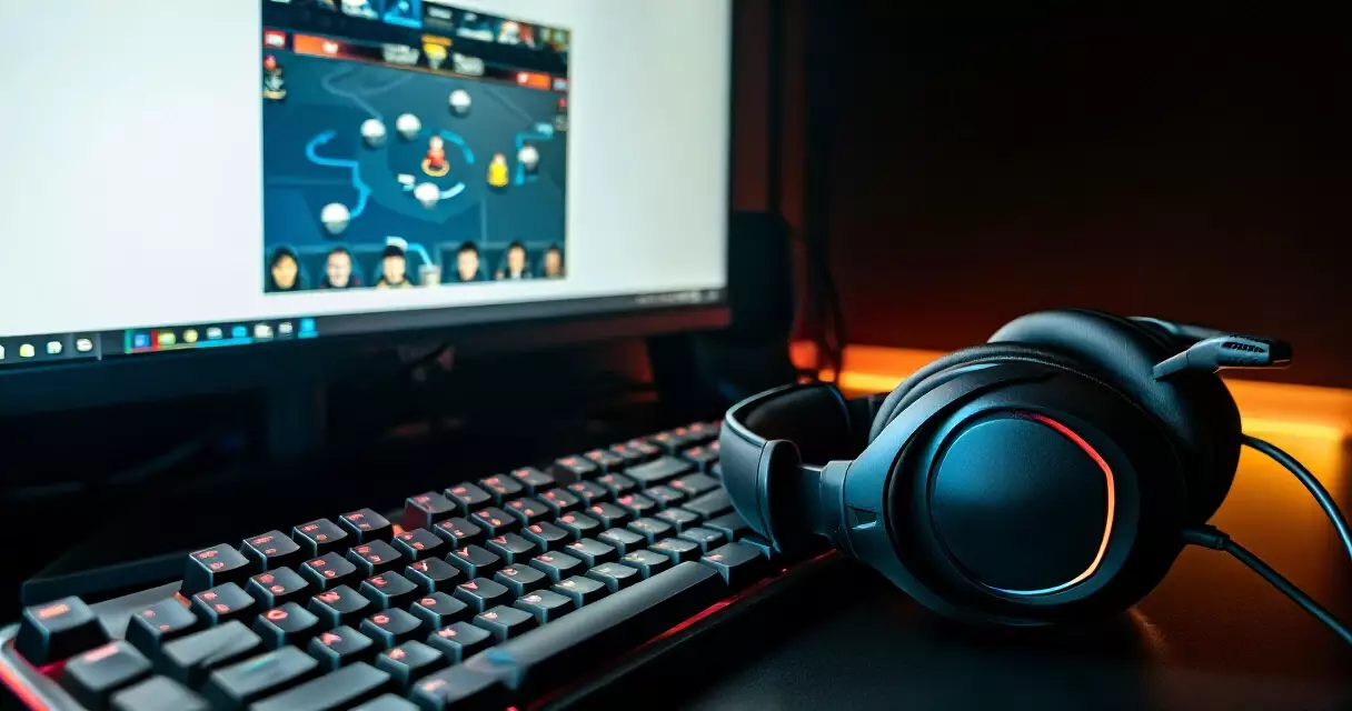 Esports coaching session setup with headset, keyboard, and game strategy screen