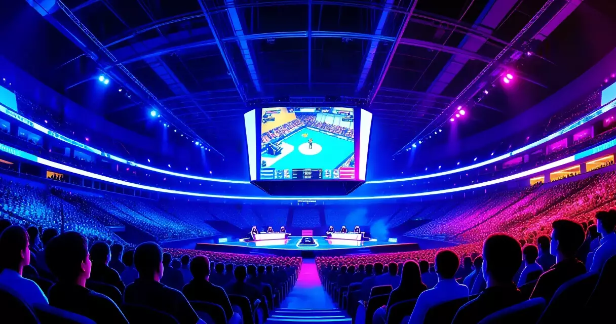 Large esports arena with crowd watching live tournament match on screens