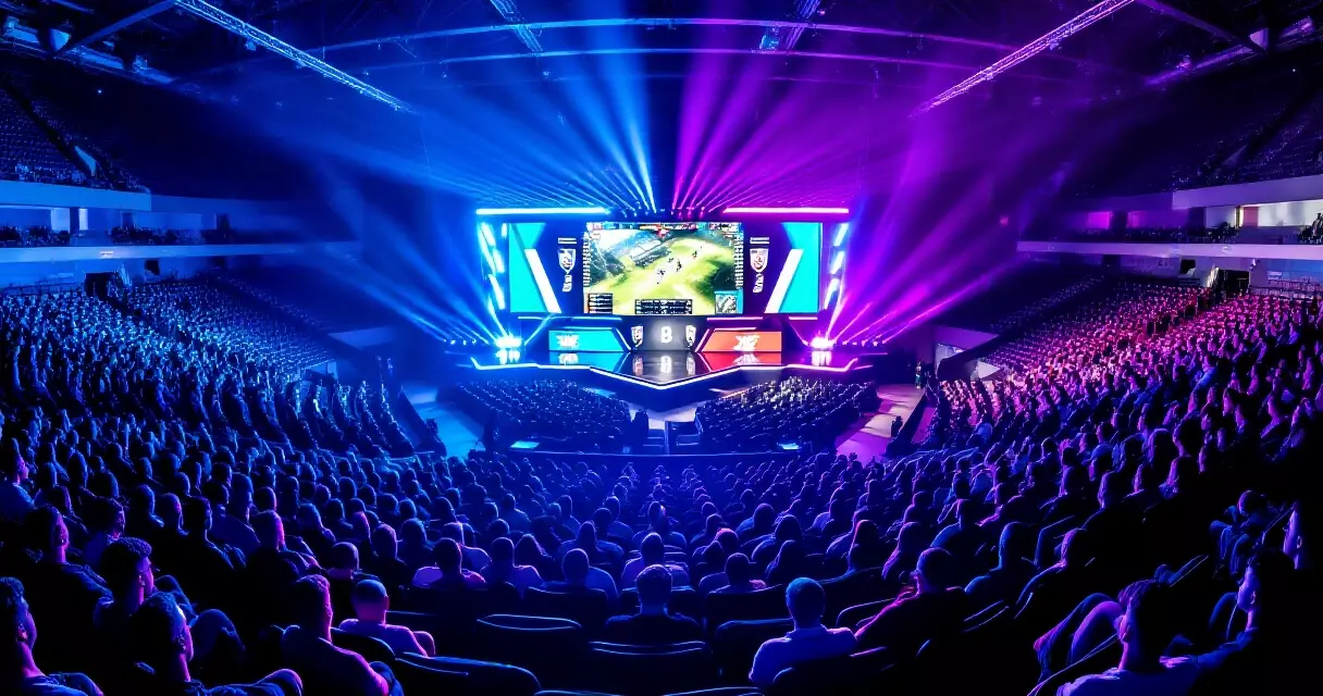 Packed esports arena during a major world championship tournament with LED stage