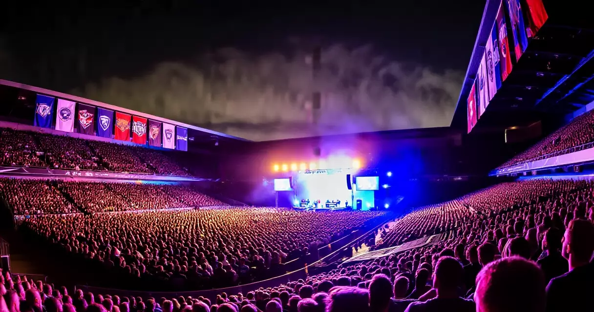 Crowded esports stadium at night with stage lighting and team banners
