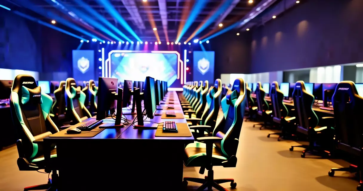 Professional esports tournament venue with competitive gaming stations and arena lighting