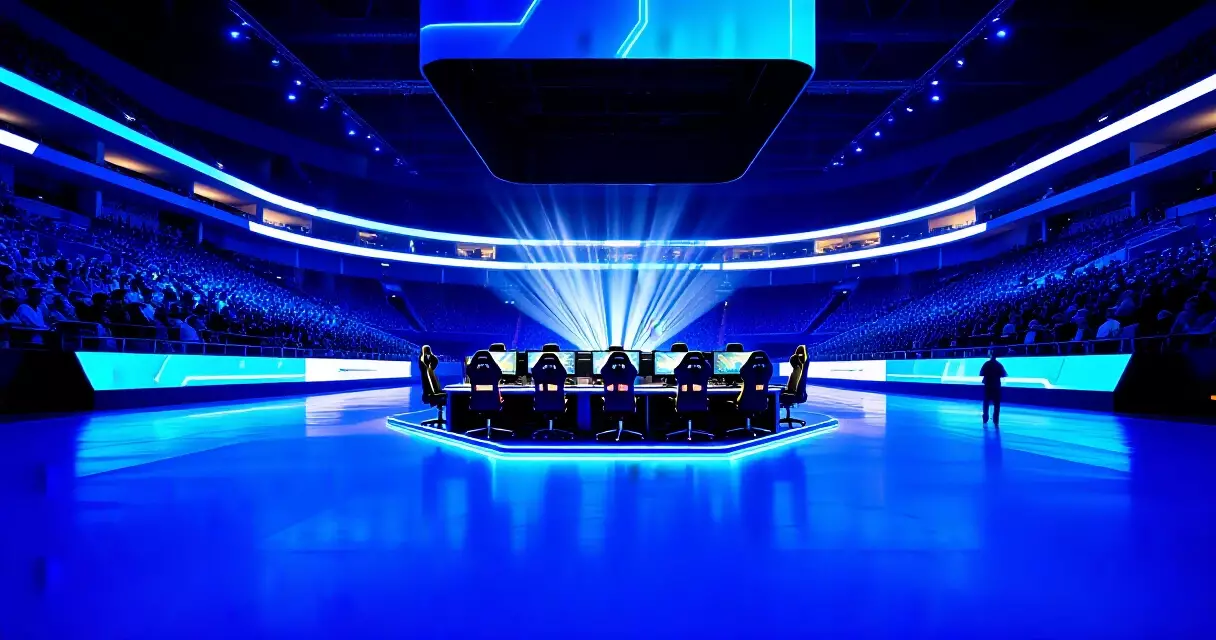 Interior of a modern esports arena with LED walls, player booths, and live audience
