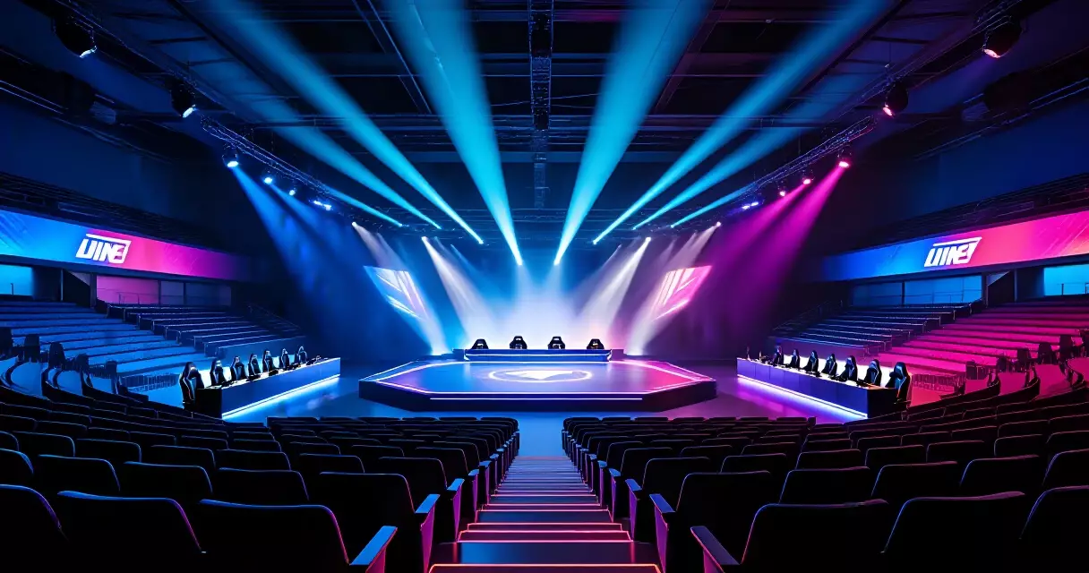 Blizzard Arena interior with LED stage, player booths, and tiered audience seating