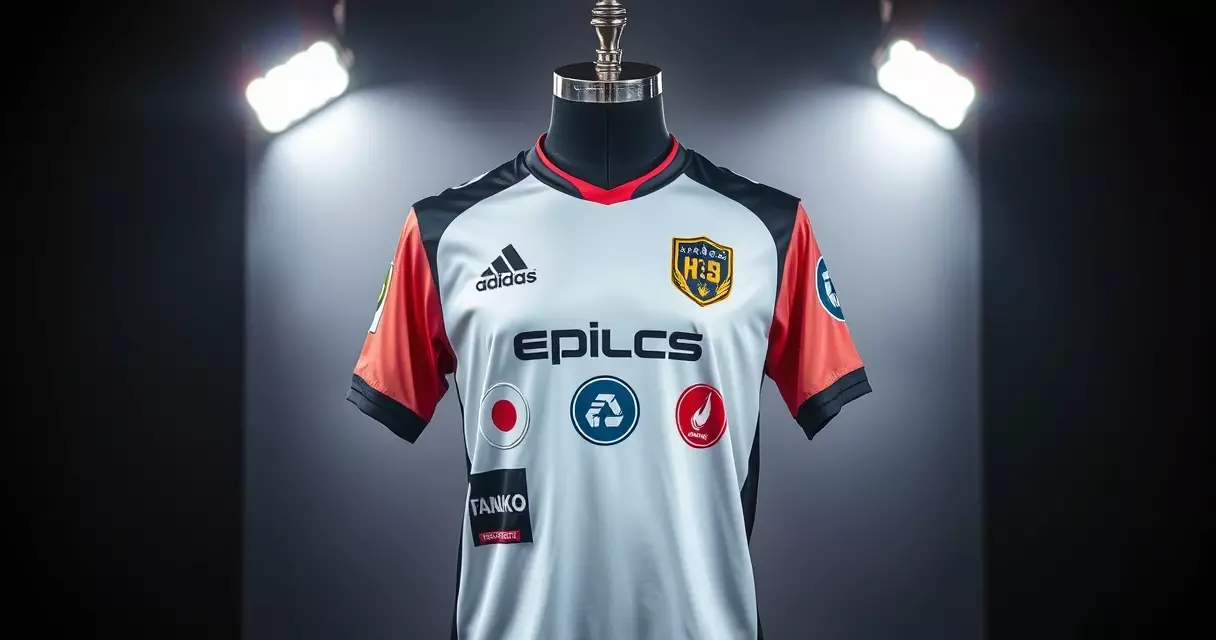 Esports team jersey covered in sponsor brand patches under studio lighting