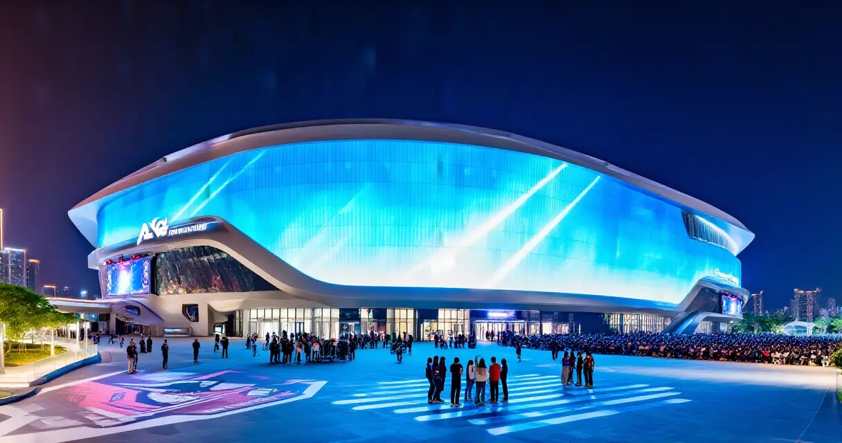 Purpose-built esports arena in Asia with LED facade lighting and crowds at night