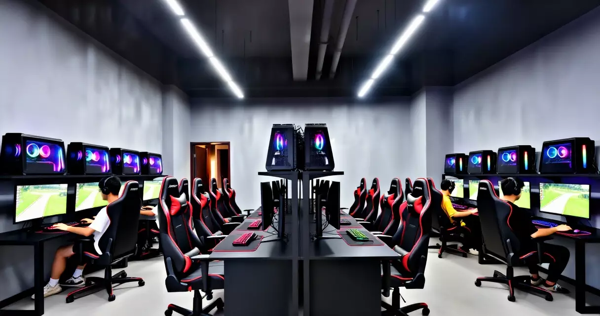 Interior of 1337 Esports Center showing gaming stations with RGB lighting