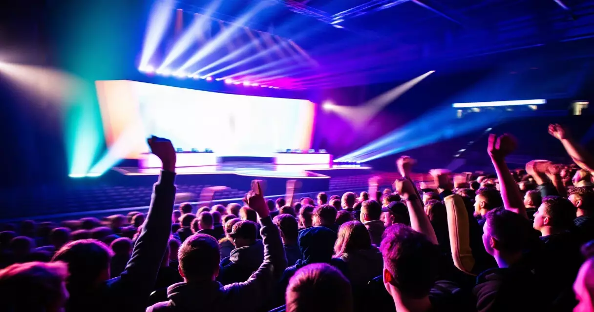 Esports fans cheering in tiered arena seating facing a lit stage