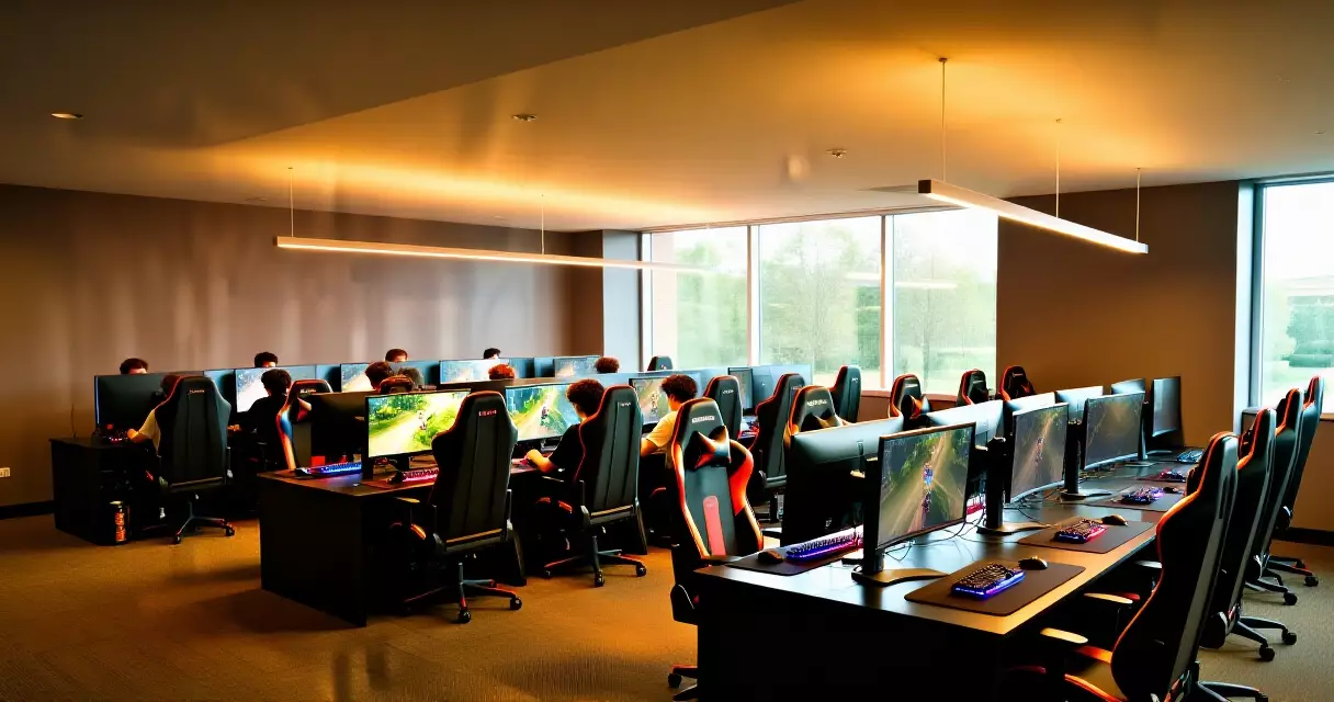 University esports arena with students at gaming stations in a modern collegiate facility