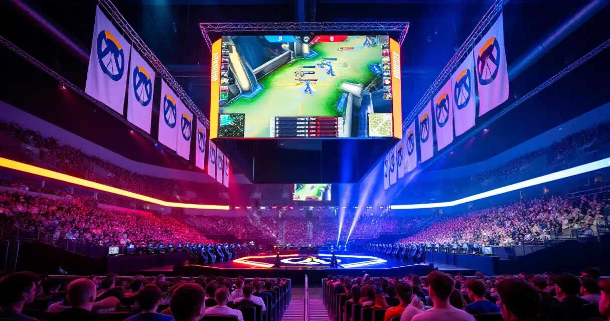 Overwatch League esports arena with team branding and live gameplay on large screen