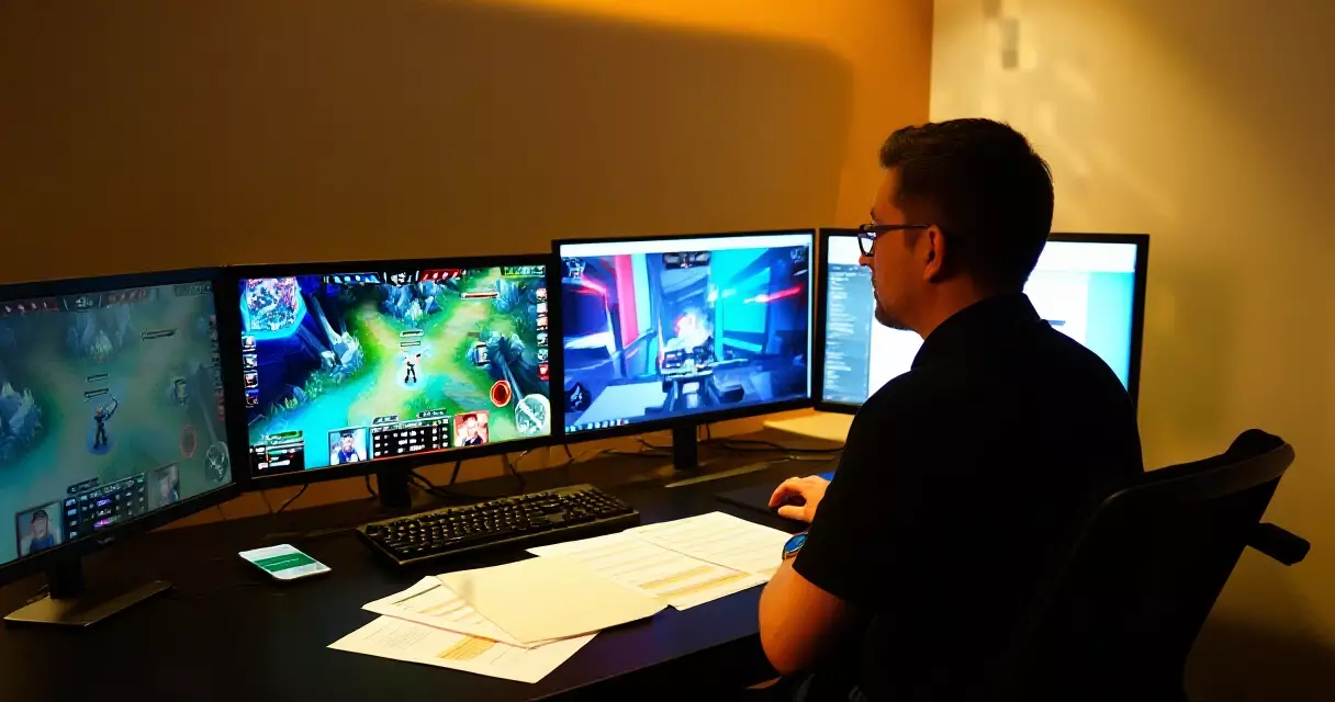 Esports analyst reviewing game data on multiple monitors in a broadcast studio
