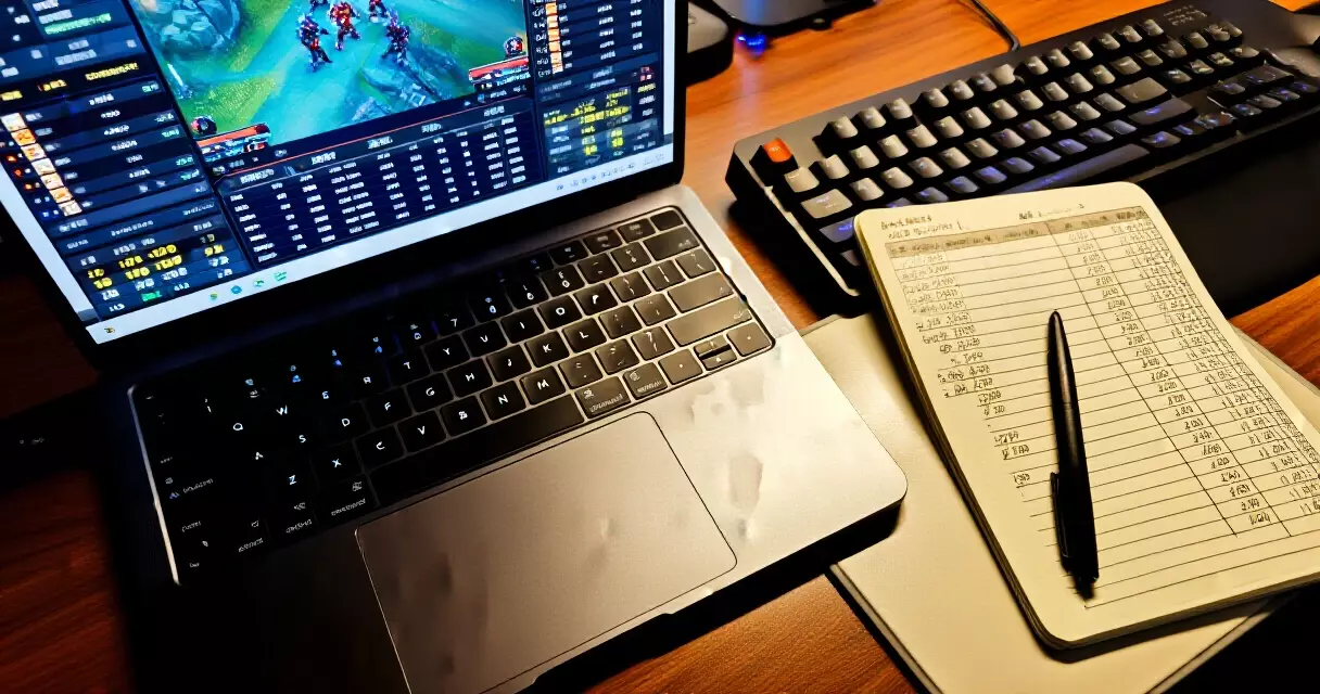 Esports betting bankroll management workstation showing match statistics and unit tracking notes
