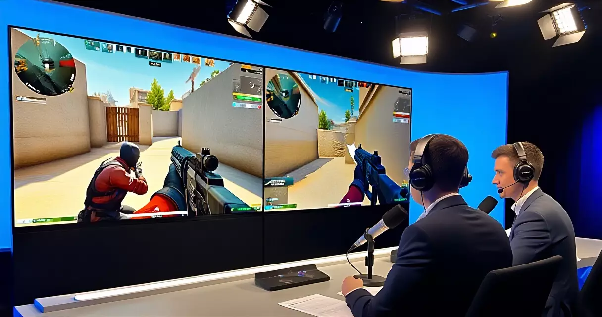 PGL CS2 tournament broadcast studio with commentators and large gameplay screens