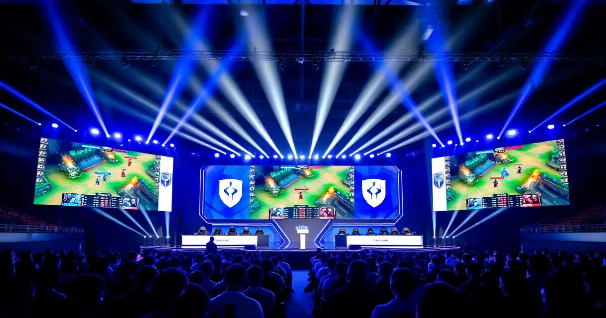 Large-scale esports arena event with main stage, crowd, and production screens