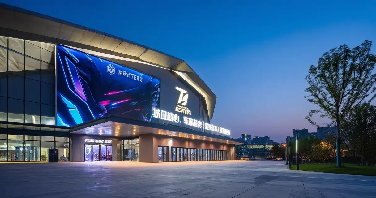 Exterior of a purpose-built esports arena at night with esports signage