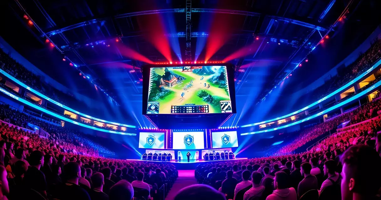 Large esports tournament arena stage with sponsorship branding and crowd