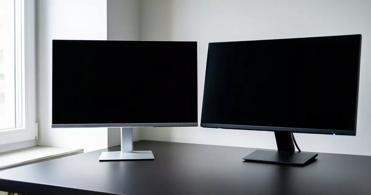 Esports gaming monitor next to a regular office monitor on a clean desk