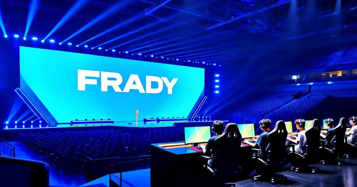 Esports arena with competitors on stage and a large crowd watching