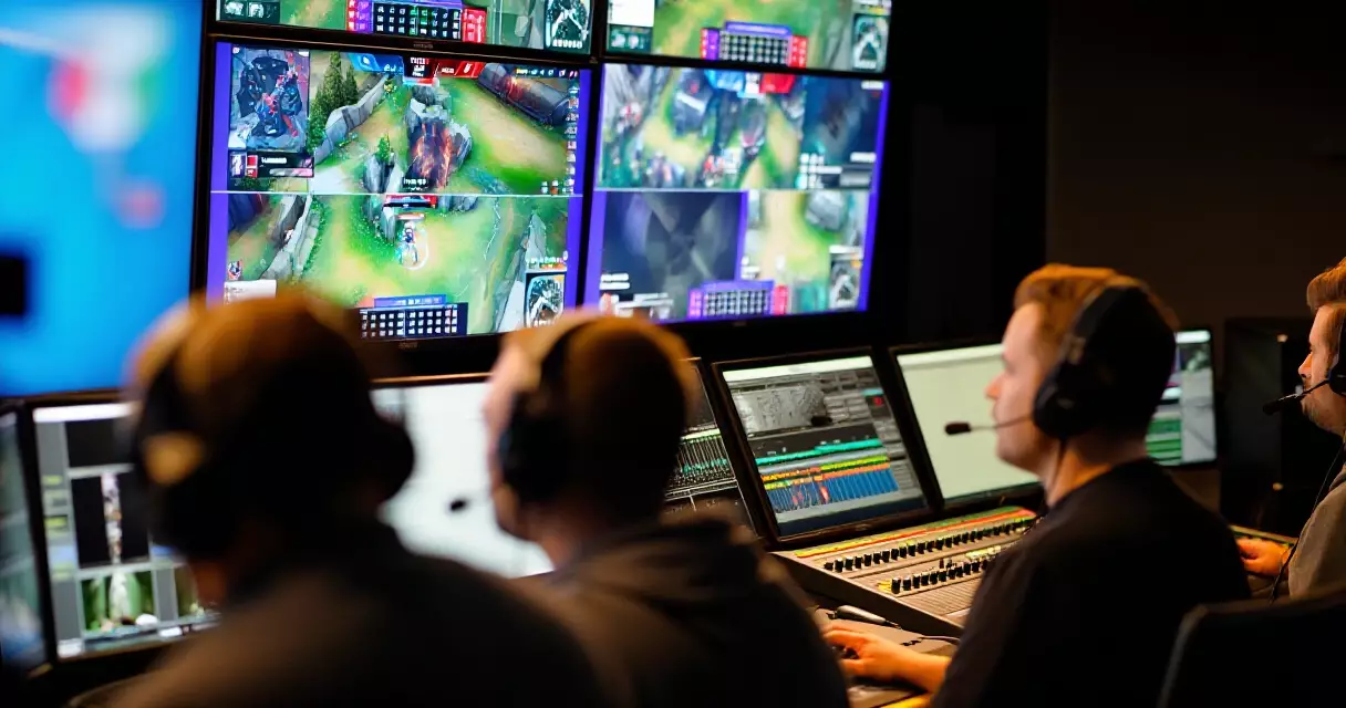 Esports broadcast production control room with multiple screens showing live match feeds