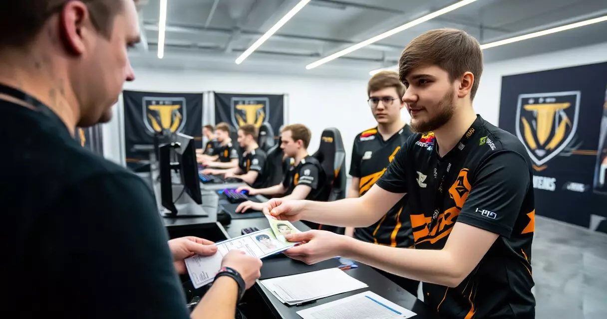 Esports player completing identity verification at a tournament registration desk