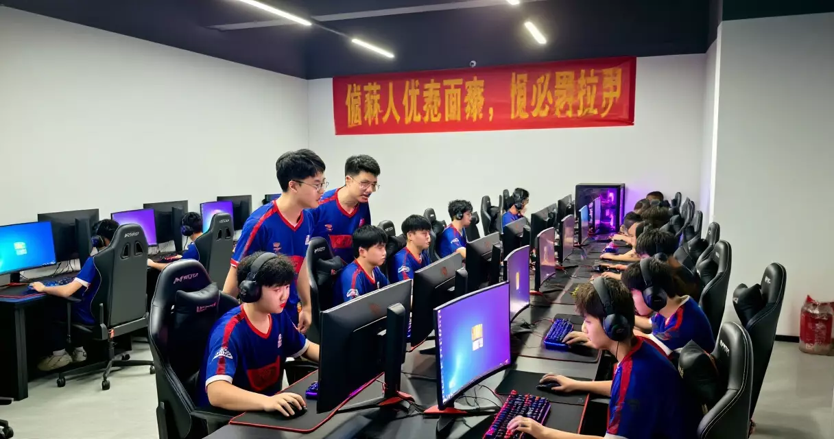 Young esports academy players training at gaming stations with a coach reviewing screens