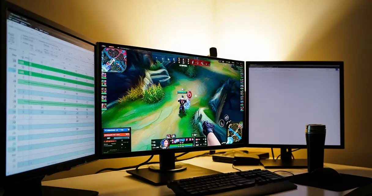 Esports analyst workstation with replay footage and match statistics on multiple screens