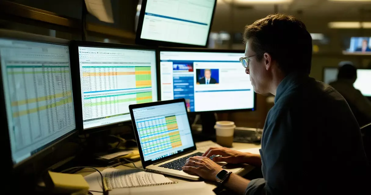 Esports reporter working late at a desk verifying roster change information across multiple monitors