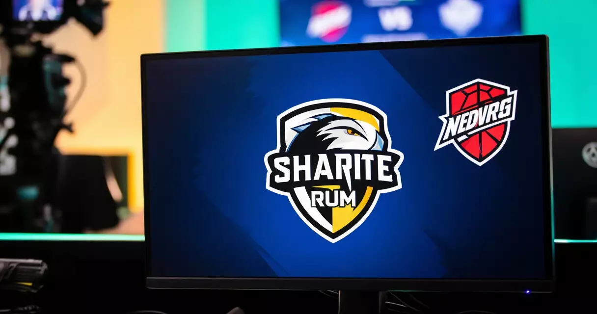 Esports league broadcast monitor in production studio showing major publisher-run competitive league branding