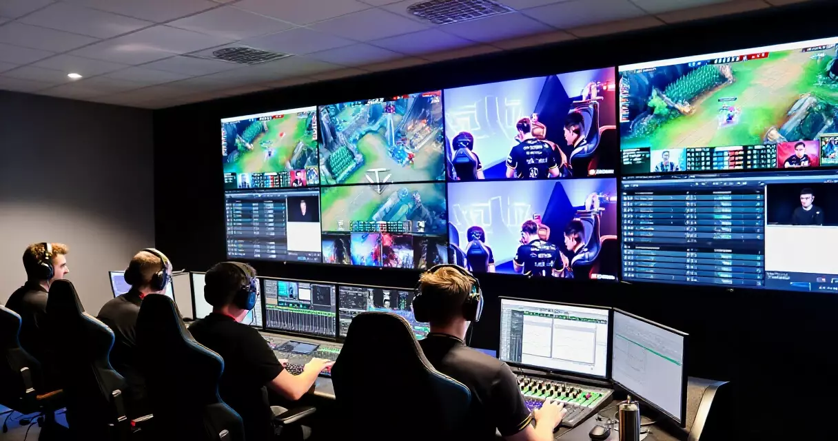 Esports broadcast control room with live tournament feeds on multiple screens