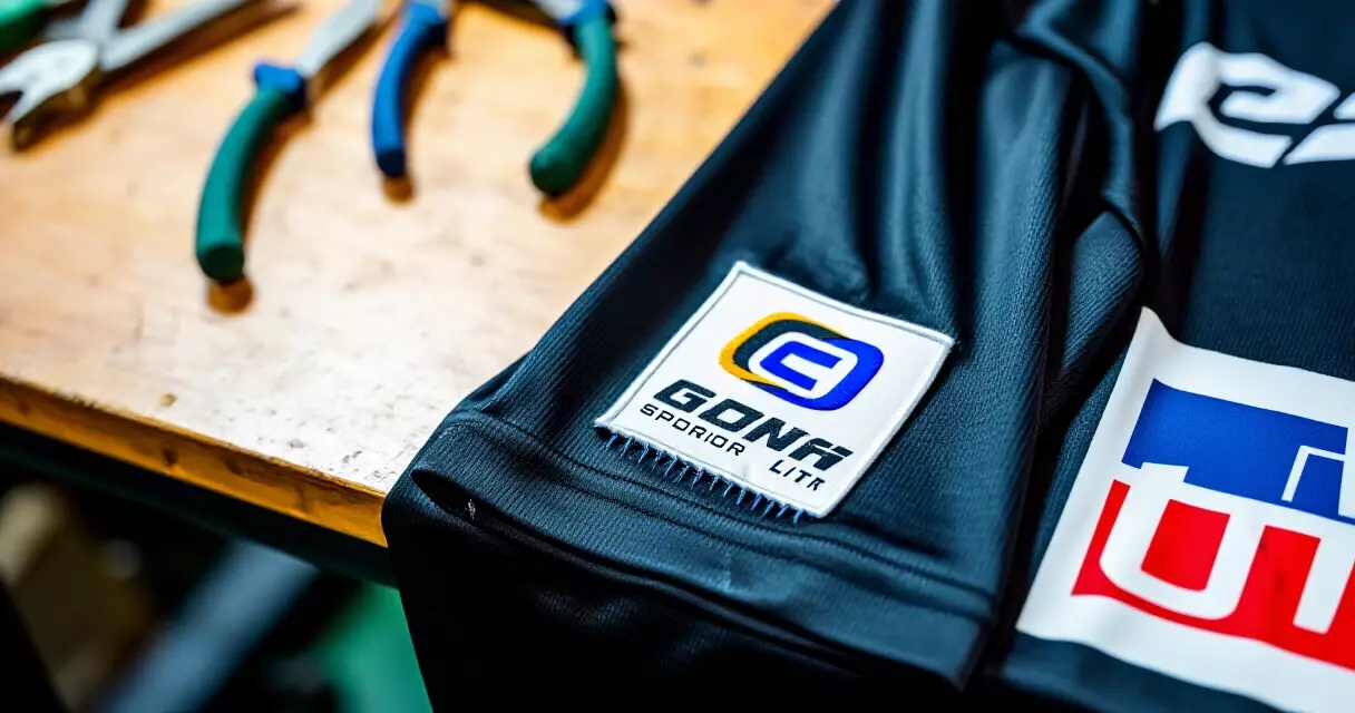 Gaming jersey with a corporate sponsor logo patch being attached