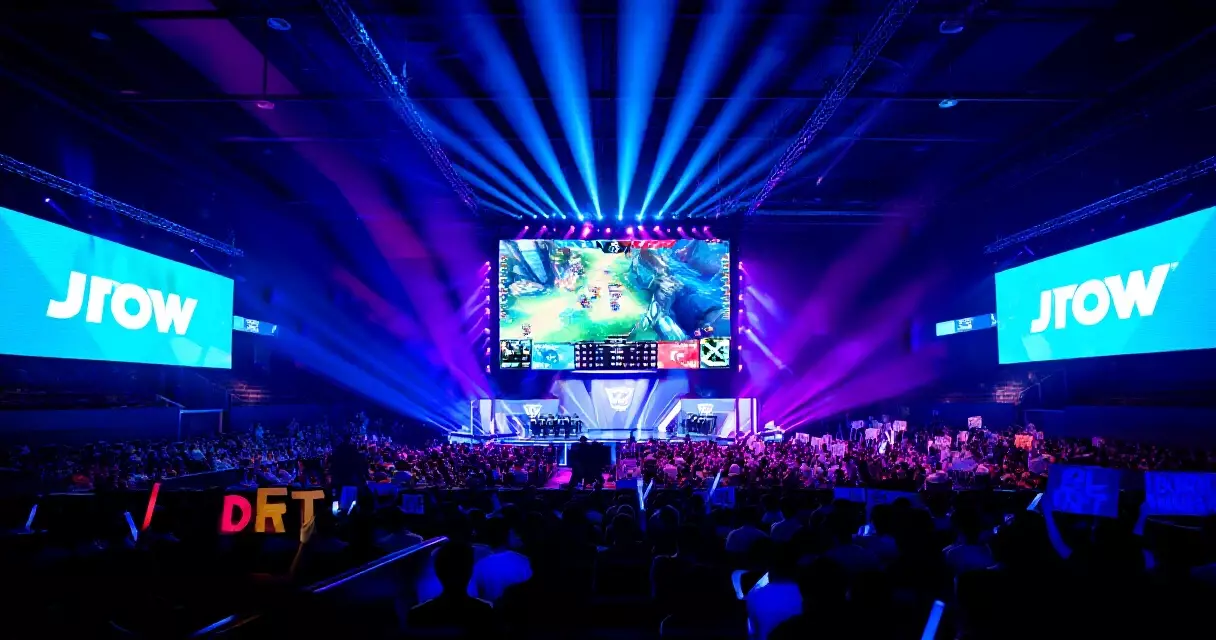 Packed esports arena during a major tournament with LED screens and crowd