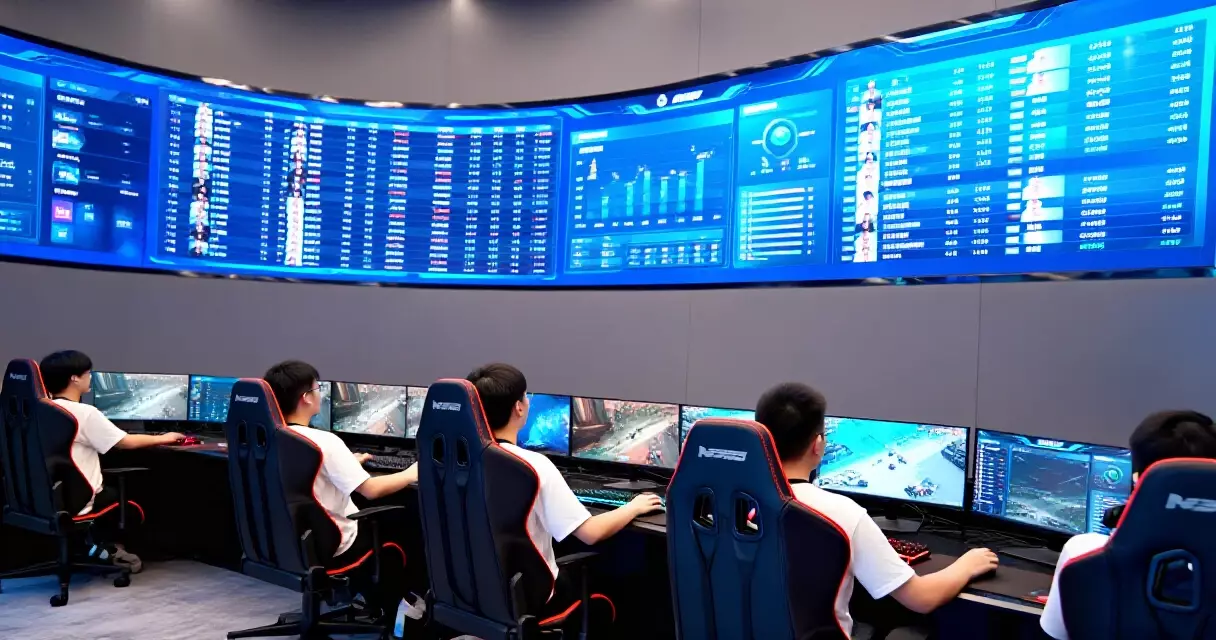Analysts reviewing live esports viewership dashboards in a broadcast control room