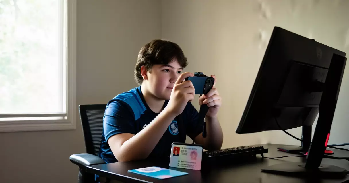 Esports player completing identity verification with smartphone selfie at gaming setup