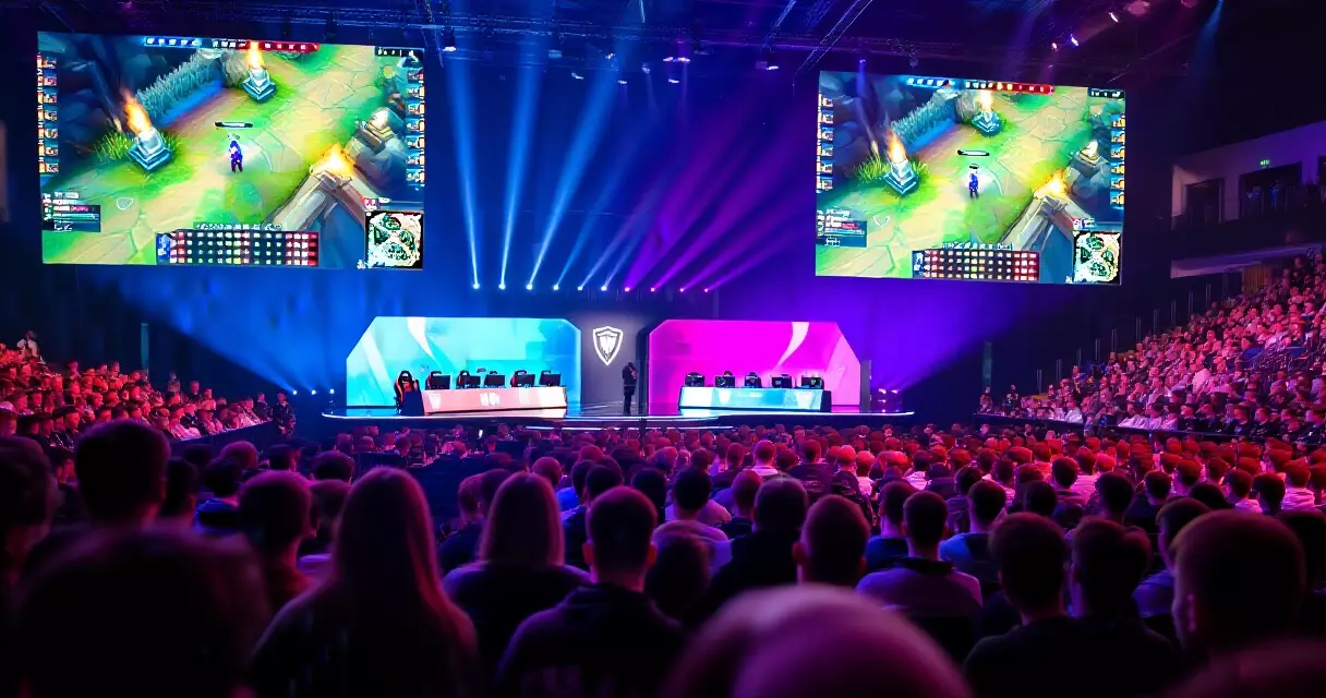 Packed esports arena during a live competitive tournament, 2026
