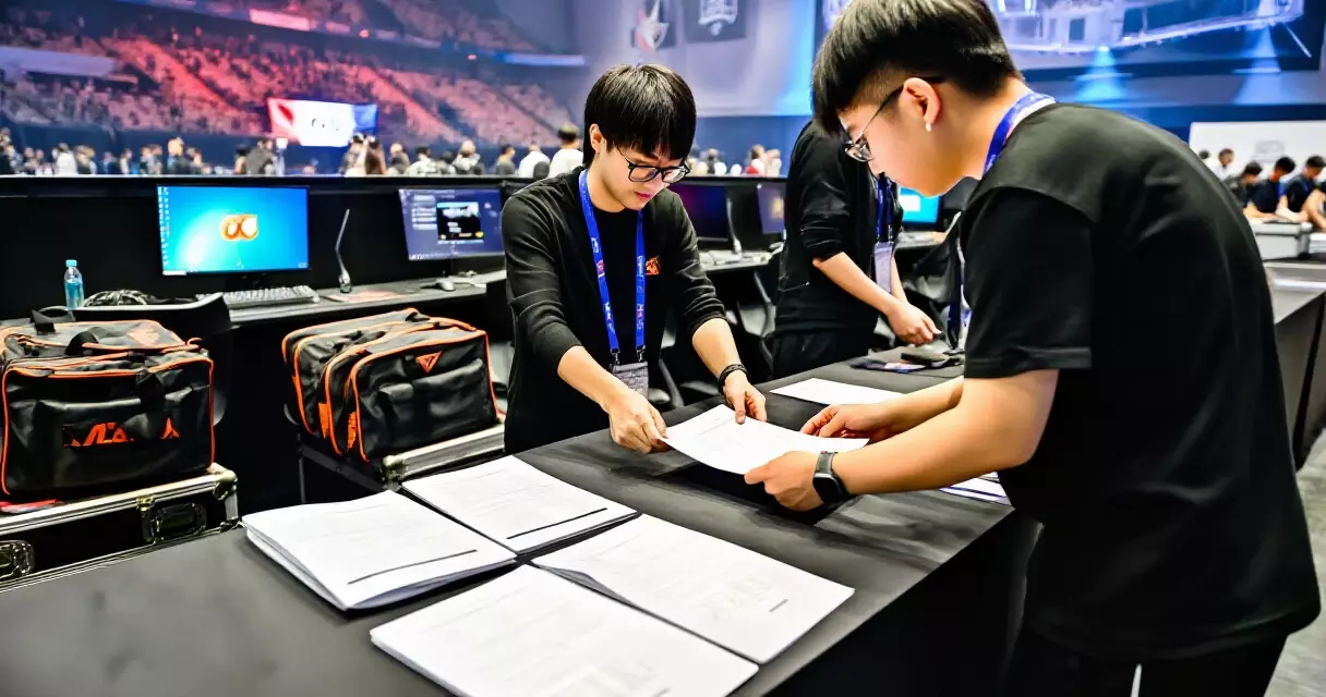 Esports tournament player check-in desk with staff reviewing identity documents at a LAN event