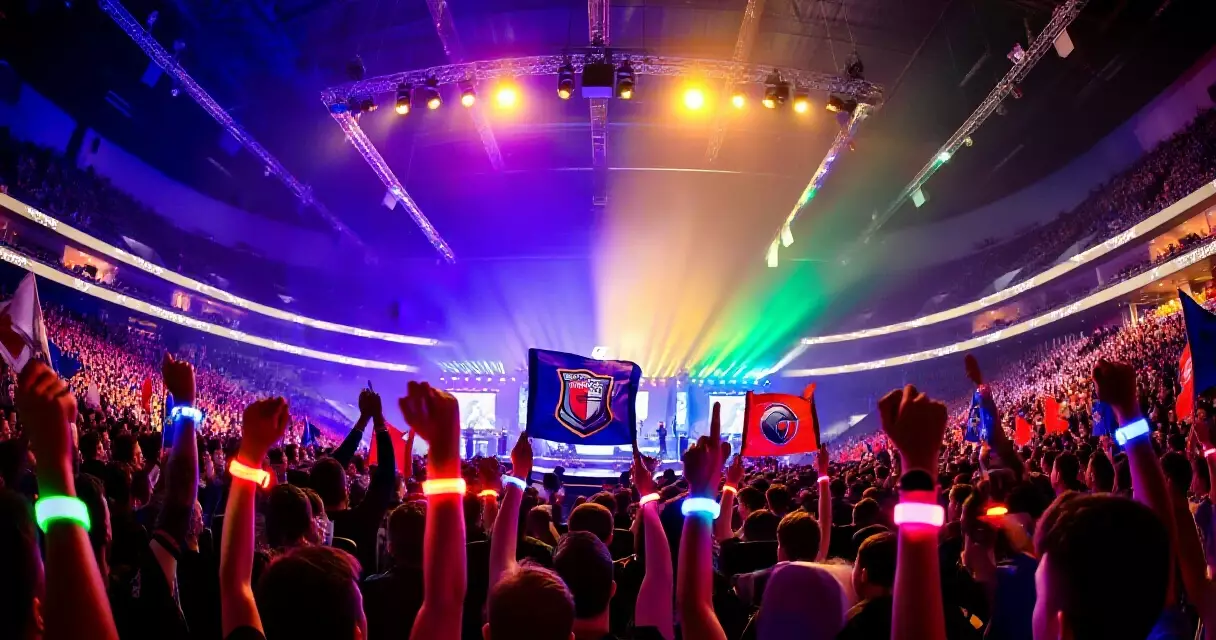Esports arena crowd of fans cheering with banners and LED wristbands at a live tournament