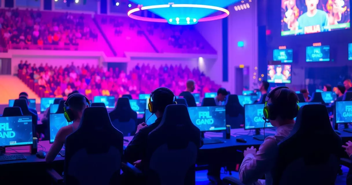 Esports arena with competitors seated at gaming PCs under stage lighting with crowd in background