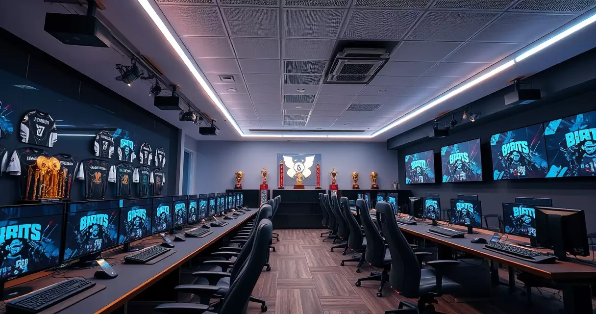 Interior of an esports organization training facility with gaming stations and trophies