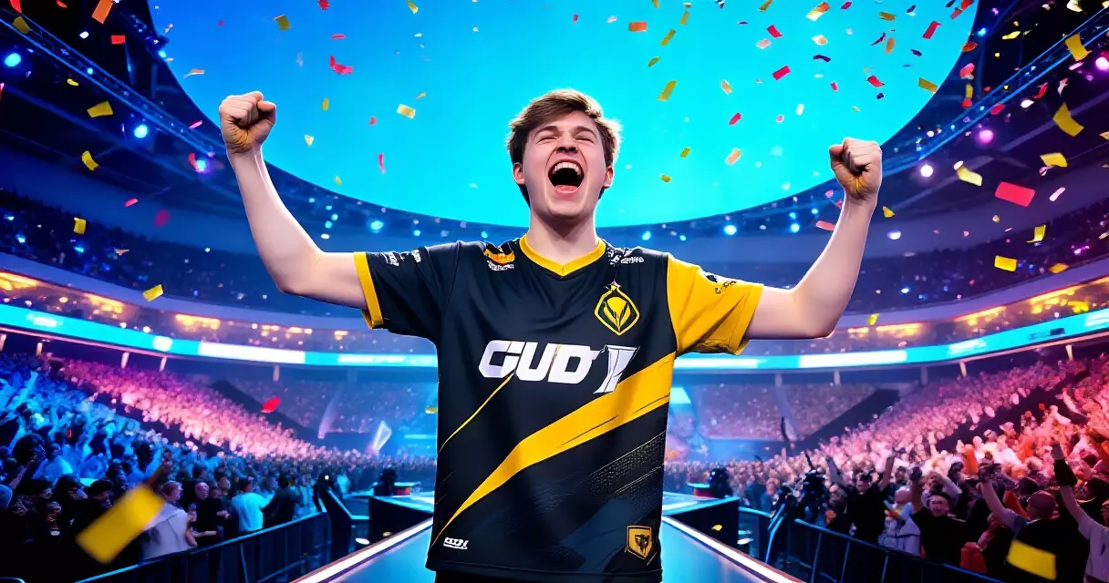 Esports player celebrating prize win on tournament stage with confetti