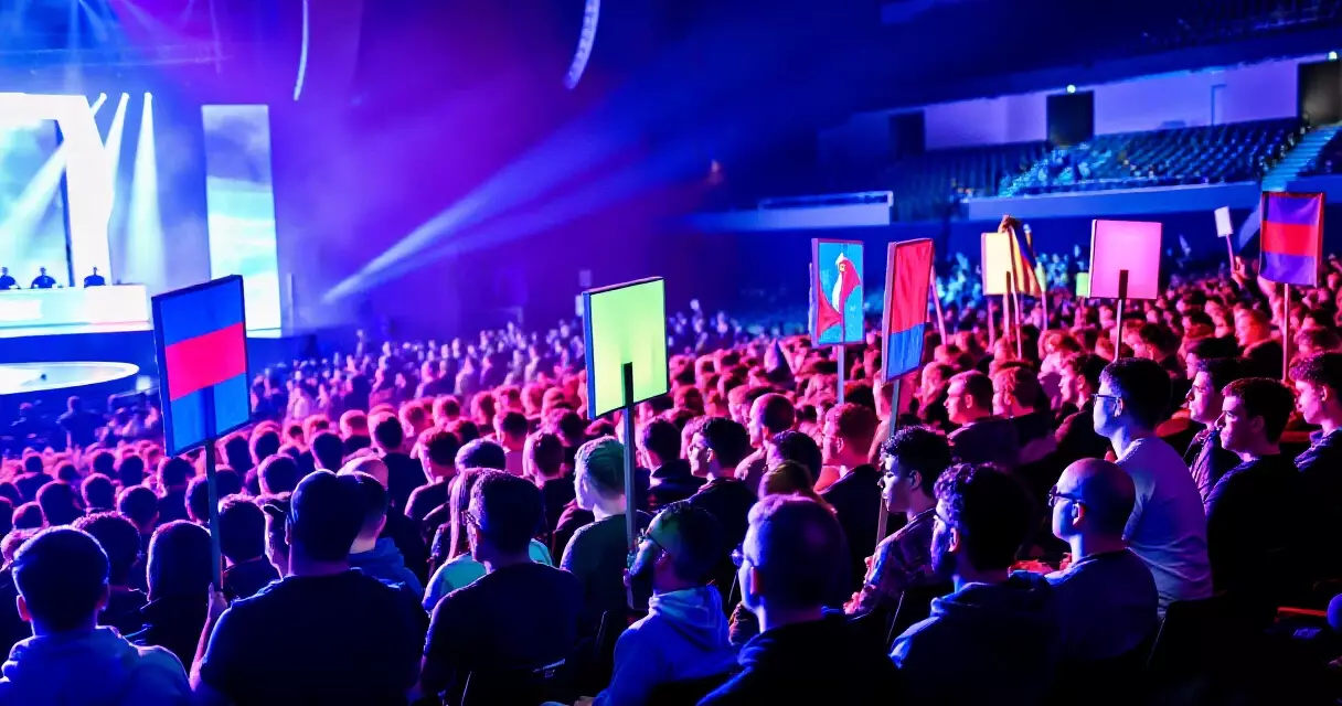 Esports tournament audience holding team flags in a large indoor arena