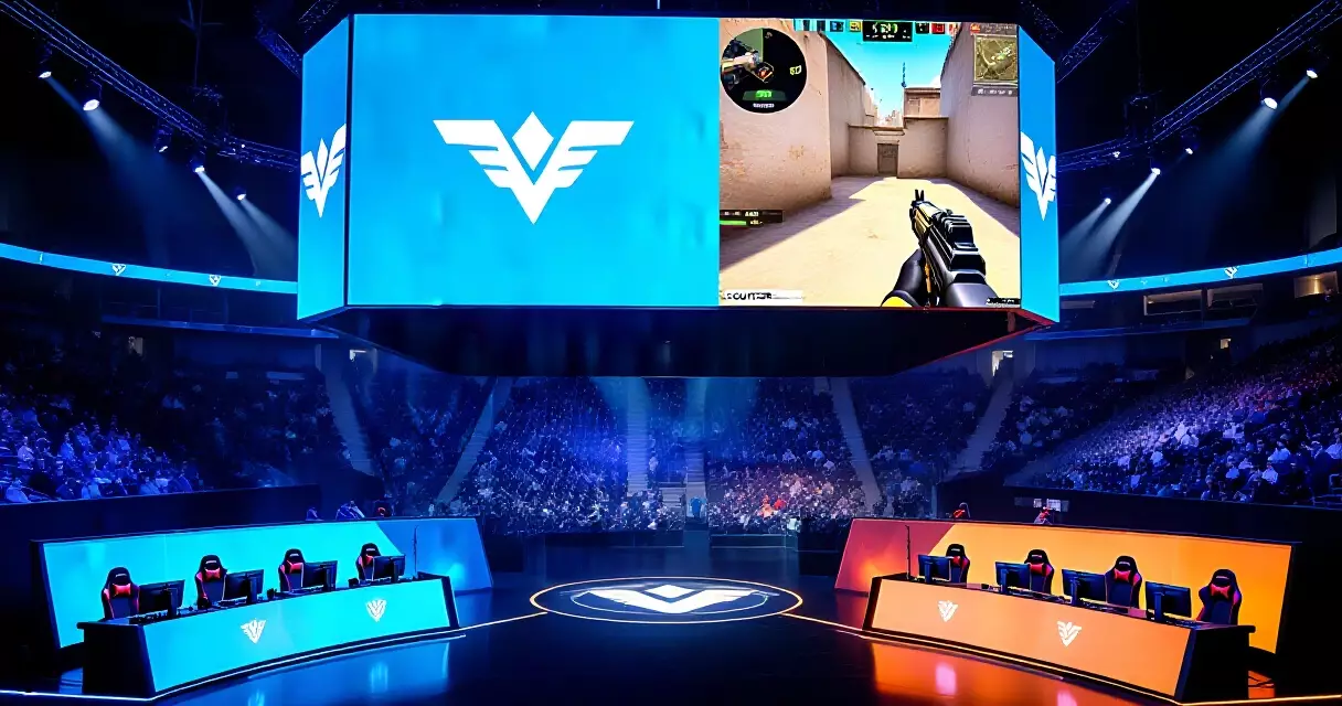 Esports tournament stage with large LED screens and packed audience during a live event