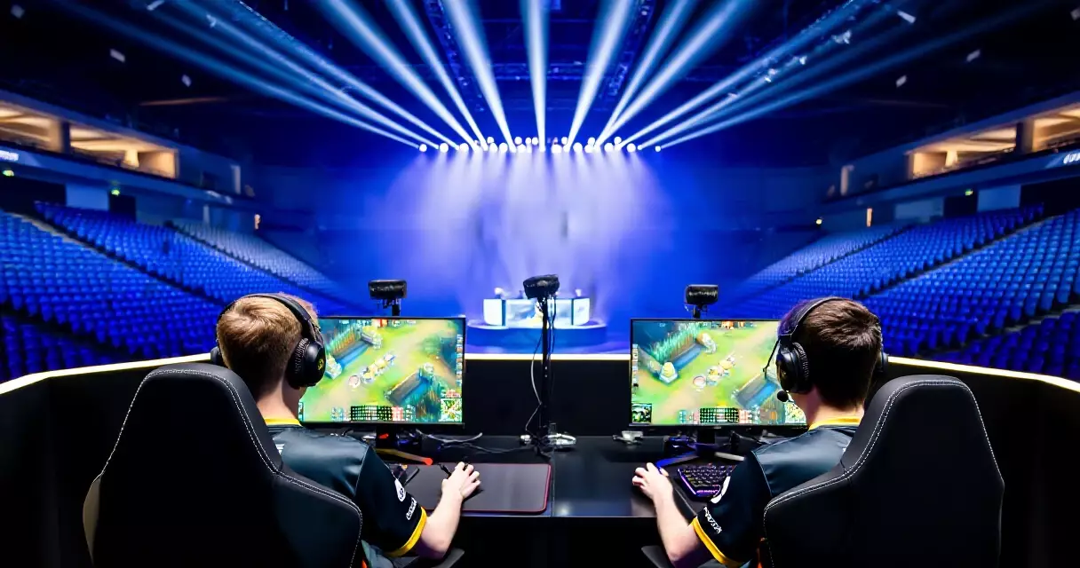 Esports players at competitive tournament stations in a large arena