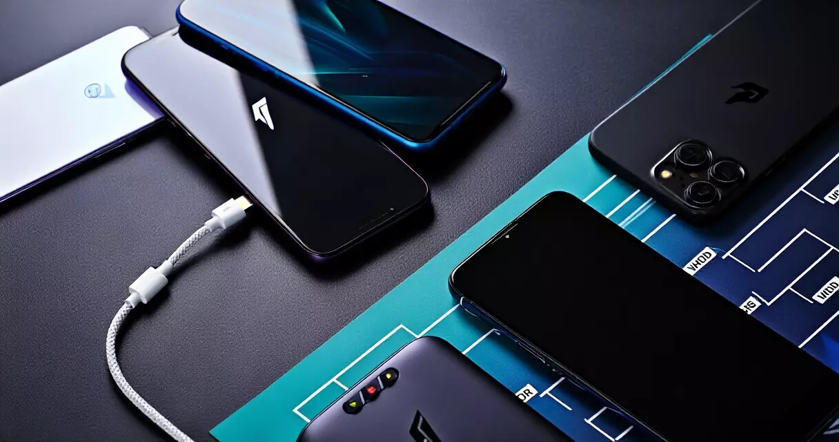 Flat-lay of top gaming smartphones for mobile esports on a dark desk