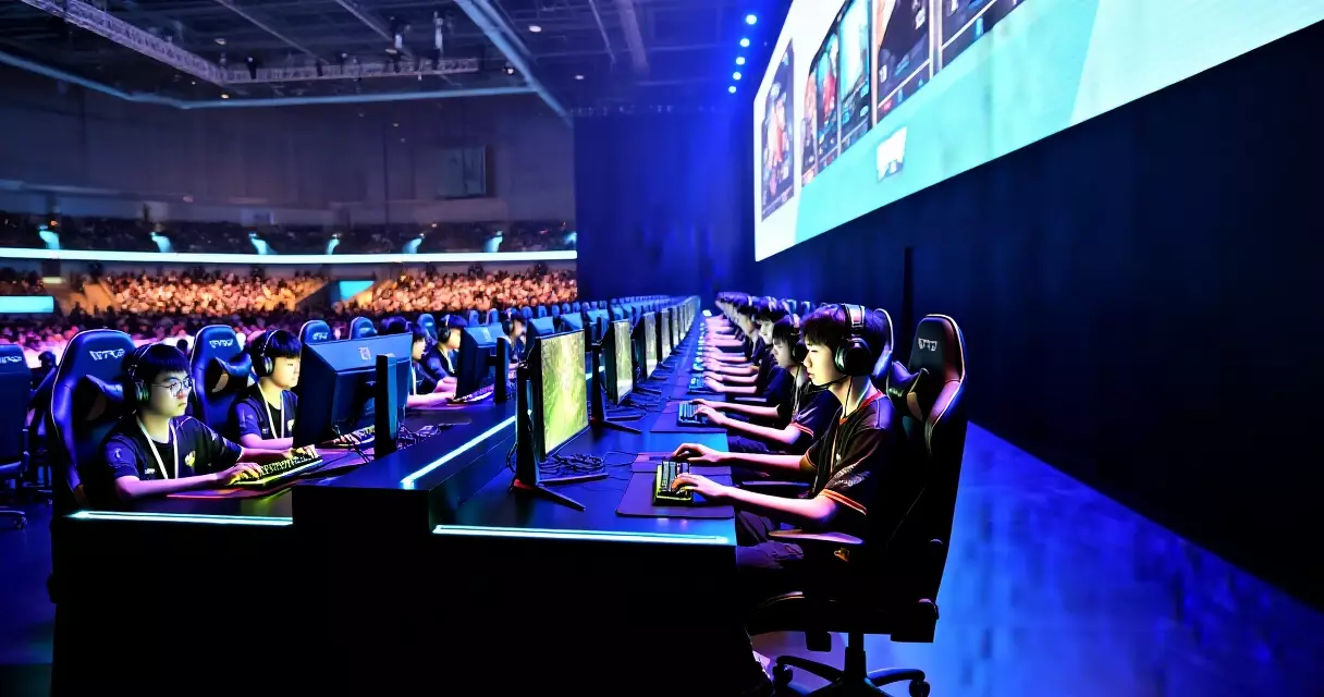 Esports league arena with teams competing at franchise tournament, 2026