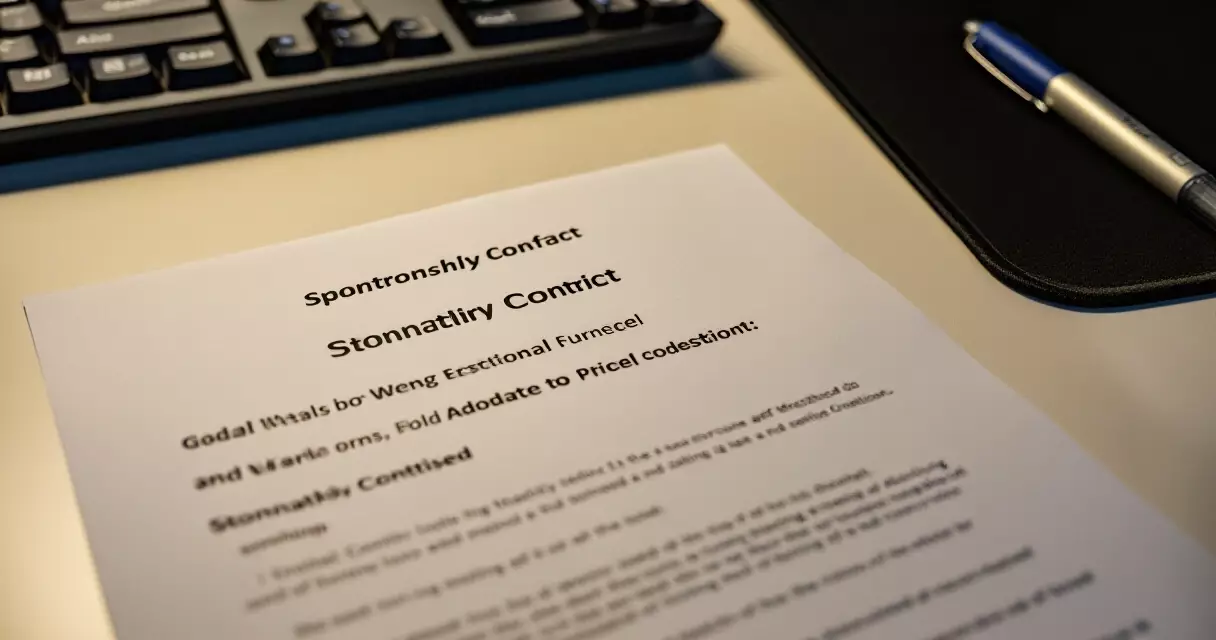 Printed esports sponsorship contract on a desk next to a gaming keyboard and pen
