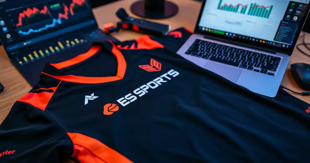 Branded esports jersey and merchandise beside a laptop displaying audience analytics