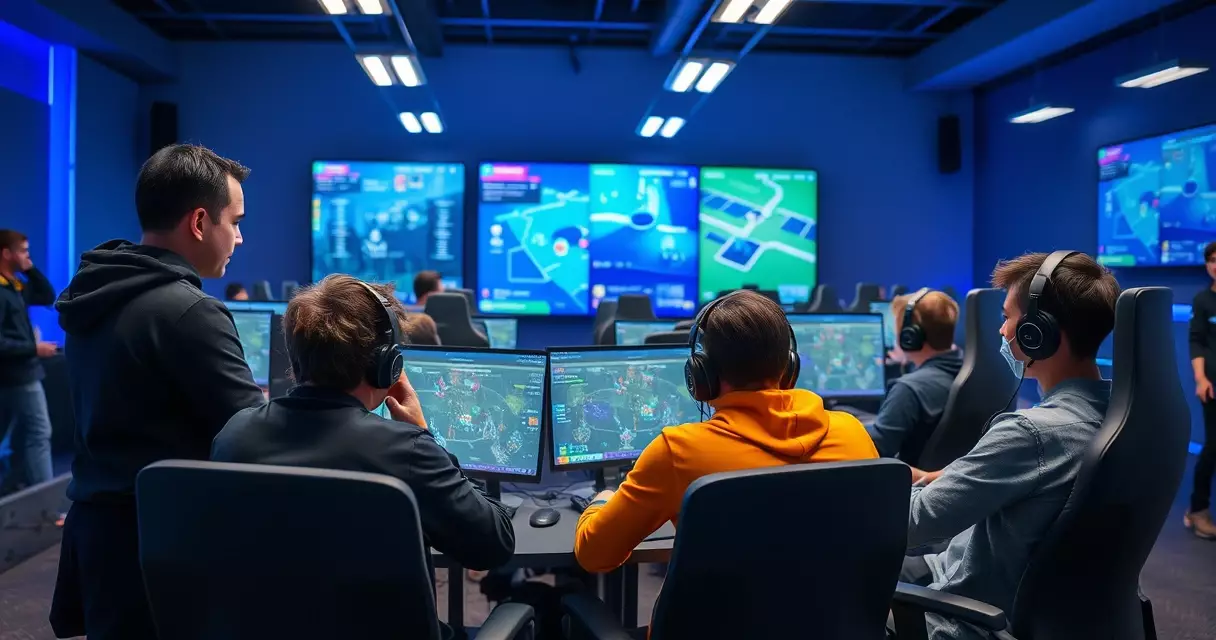 Esports coach reviewing strategy while players practice at a training facility
